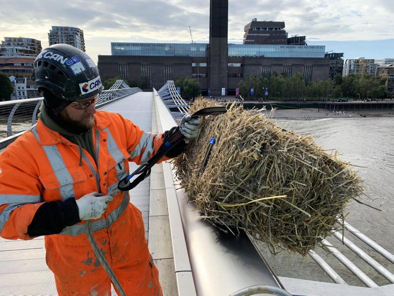 Why is there a bale of straw hanging from a London bridge? Why is there a bale of straw hanging from a London bridge?